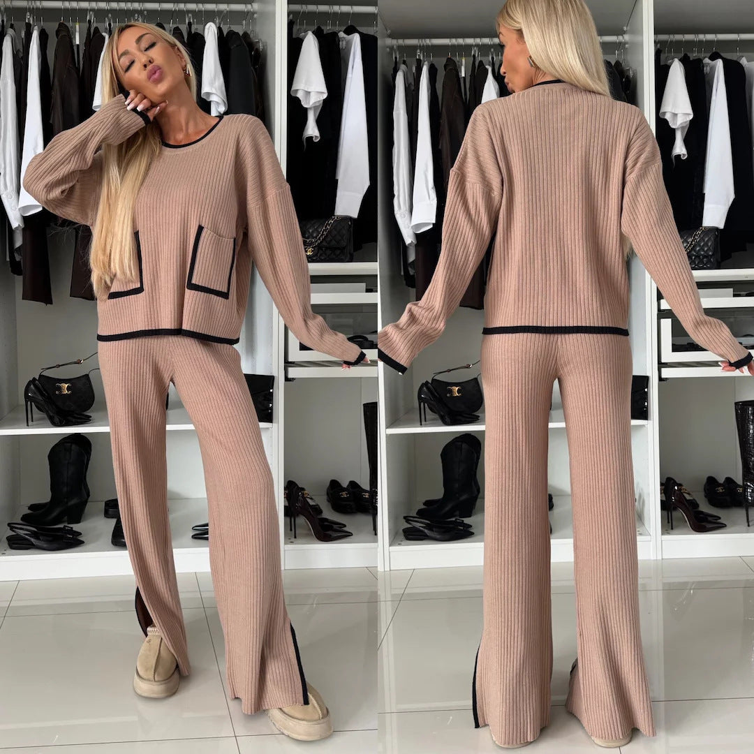 Damen Strick-Loungewear-Set mit modischen Taschen und kontrastierenden Abschlüssen Drune