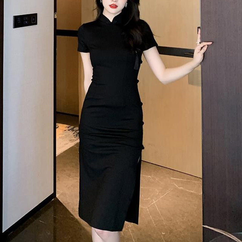 Damen elegantes Bodycon-Kleid mit hohem Schlitz und kurzen Ärmeln Drune