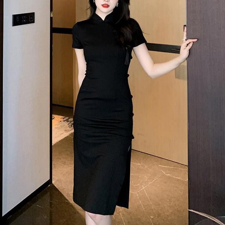 Damen elegantes Bodycon-Kleid mit hohem Schlitz und kurzen Ärmeln Drune