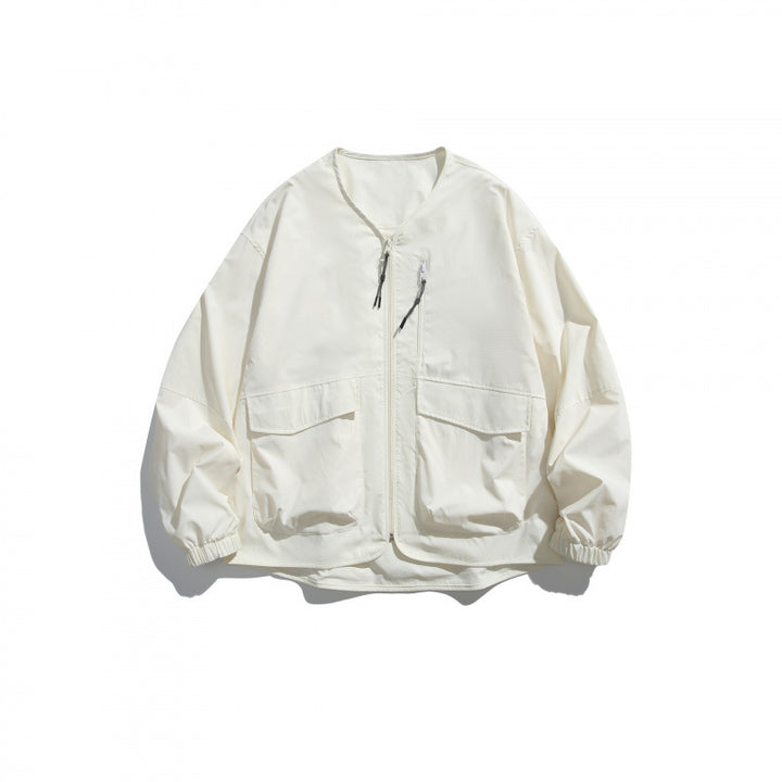 Unisex Leichte Oversize-Utility-Jacke ohne Kragen mit Frontreißverschluss und aufgesetzten Pattentaschen Drune