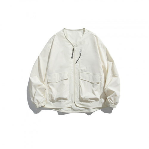 Unisex Leichte Oversize-Utility-Jacke ohne Kragen mit Frontreißverschluss und aufgesetzten Pattentaschen Drune