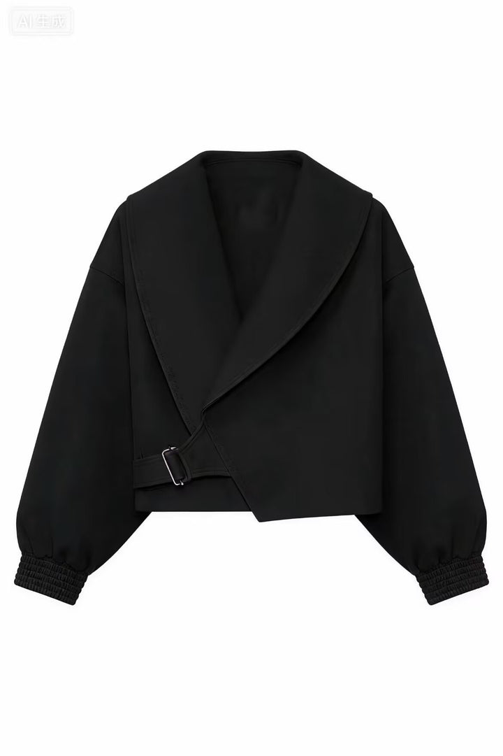 Damen Kurze Oversized Jacke mit breitem Schalkragen, Ballonärmeln und Taillenriegel Drune