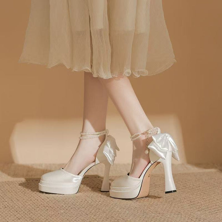 Damen Satin-Plateau-Pumps mit dekorativer Schleife und verstellbarem Knöchelriemen Drune