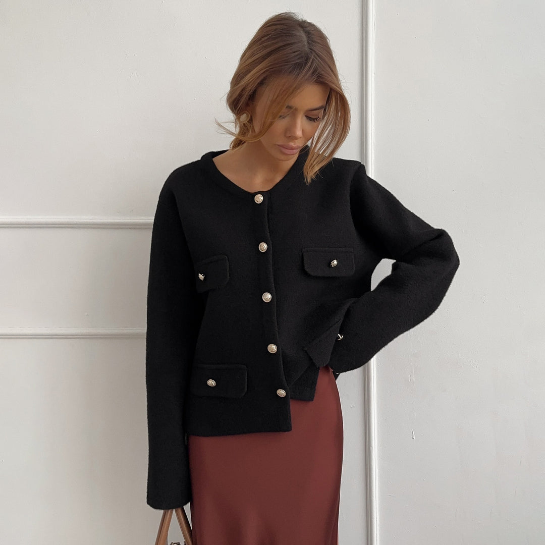 Damen Elegante Kurzjacke mit funktionalen Taschen und Knopfdetails Drune