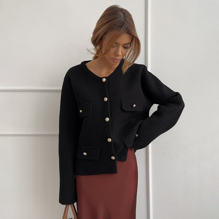 Damen Elegante Kurzjacke mit funktionalen Taschen und Knopfdetails Drune