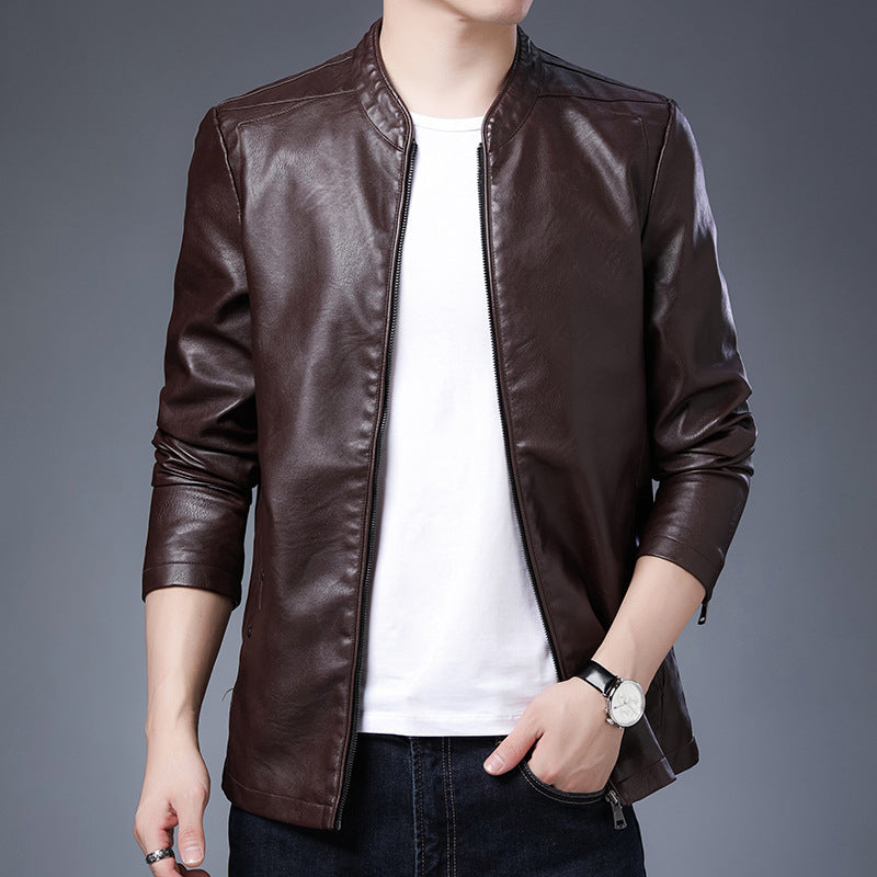 Herren schlanker Lederoptik-Blouson im Aviator-Minimalstil mit Stehkragen und Reißverschlussärmeln Drune