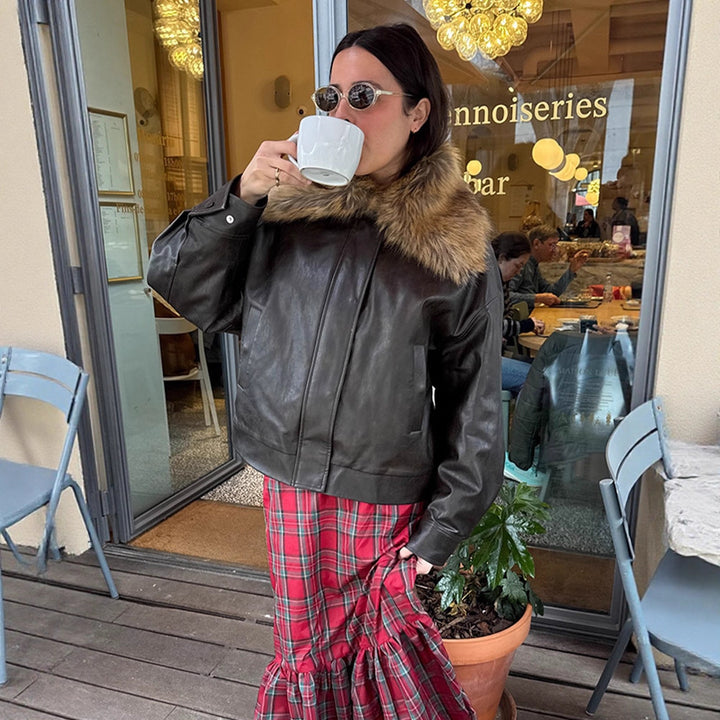 Damen Boxy Lederimitat-Blouson mit abnehmbarem Webpelzkragen und verdeckter Knopfleiste Drune