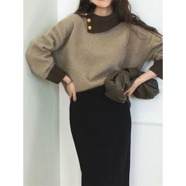 Damen Kurzgeschnitteter Pullover mit asymmetrischem Knopf‑Mockneck und Ballonärmeln Drune