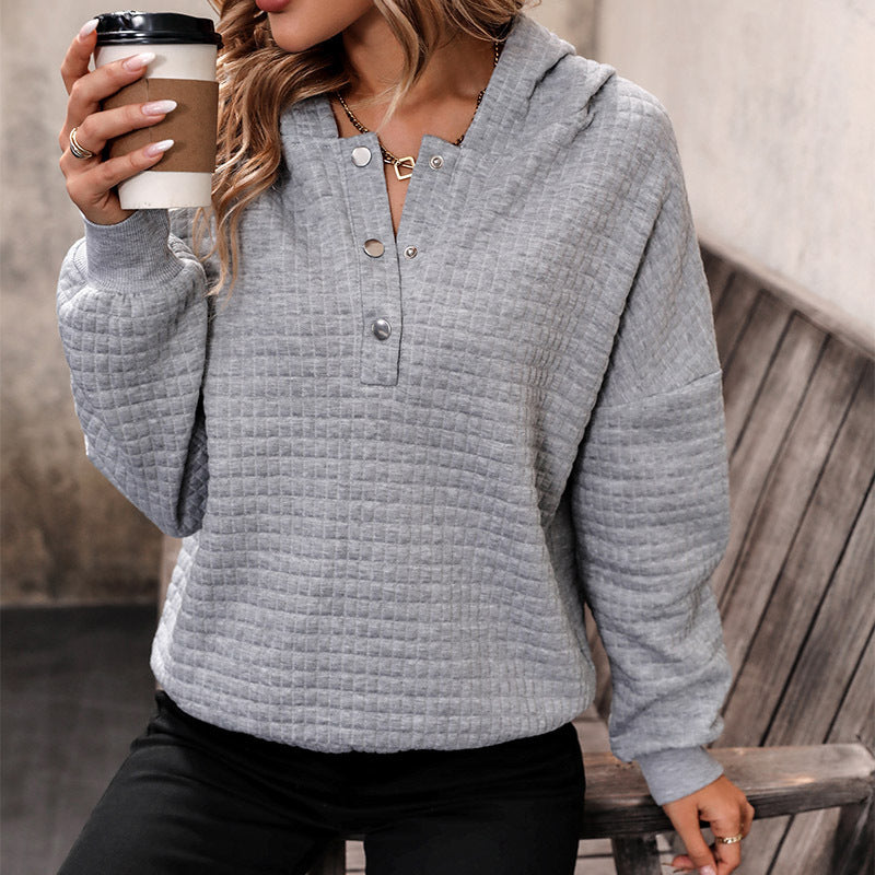 Damen Gestepptes Waffelstrick-Henley-Hoodie mit Druckknopfleiste Drune