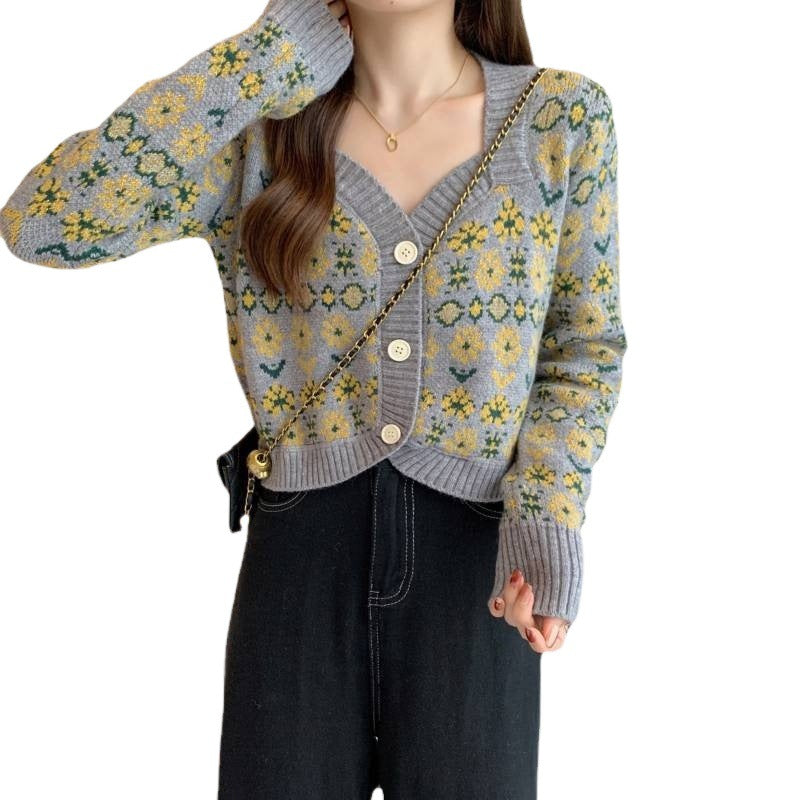 Damen verspielte gestrickte Blütenjacke mit breiten Bündchen Drune