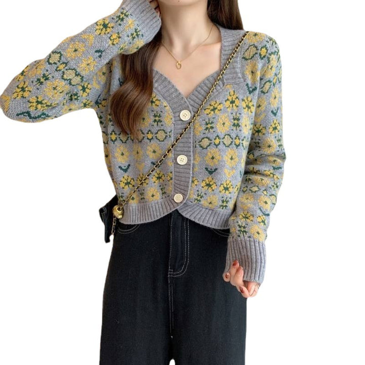 Damen verspielte gestrickte Blütenjacke mit breiten Bündchen Drune