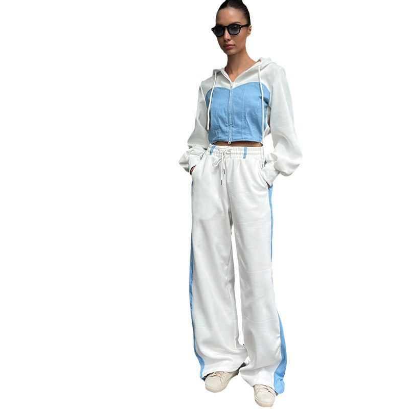 Damen nan zweiteiliges Cropped-Hoodie-Set mit Reißverschluss, elastischem Komfortbund und weitem Seitenstreifen-Hose Drune
