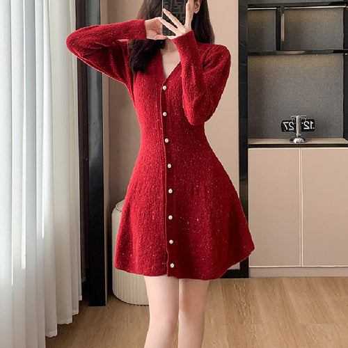 Damen Strickkleid mit Knopfleiste und voluminösen Ärmeln Drune
