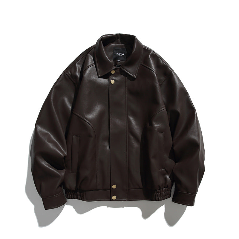 Herren Boxy-Lederimitat-Bomberjacke mit verdeckter Druckknopfleiste, elastischem Saum und aufgesetzten Eingrifftaschen Drune