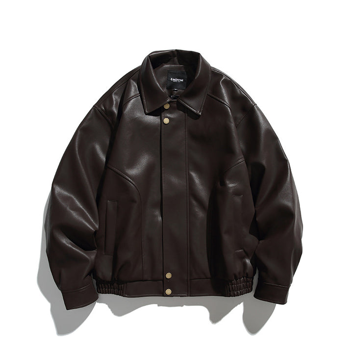 Herren Boxy-Lederimitat-Bomberjacke mit verdeckter Druckknopfleiste, elastischem Saum und aufgesetzten Eingrifftaschen Drune