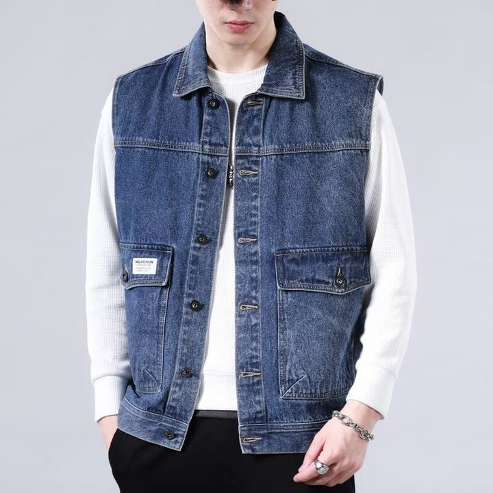Herren Ärmellose Jeans-Workerweste mit Pattentaschen und kastiger Passform Drune