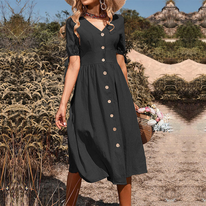 Damen Button-Down A-Linie Midi Kleid mit Bindeschlaufen