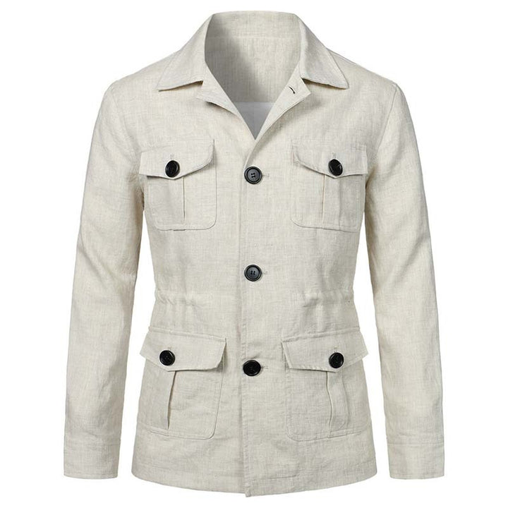 Herren Safari‑Leinenjacke mit vier aufgesetzten Pattentaschen Drune