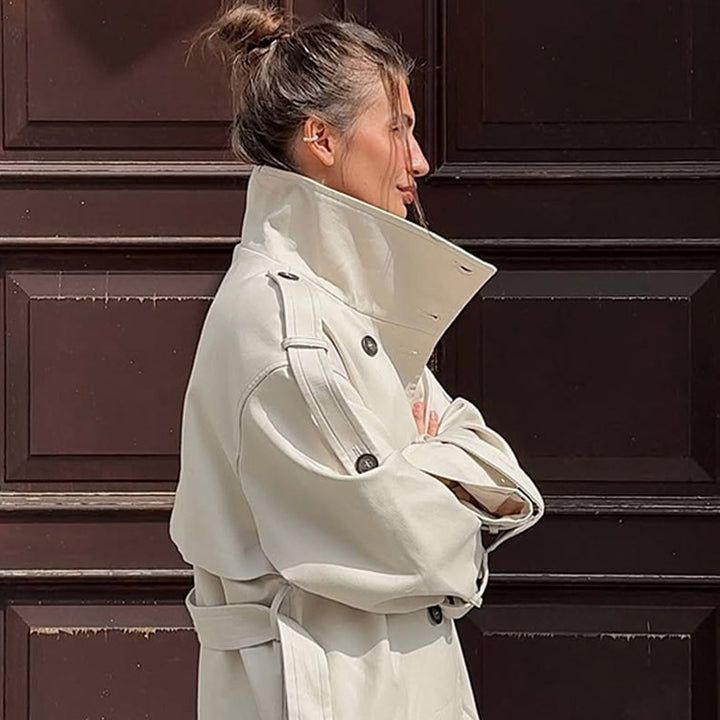 Damen tailloser Long-Trenchcoat im Oversize-Schnitt mit doppelter Knopfleiste und Schulterklappen Drune
