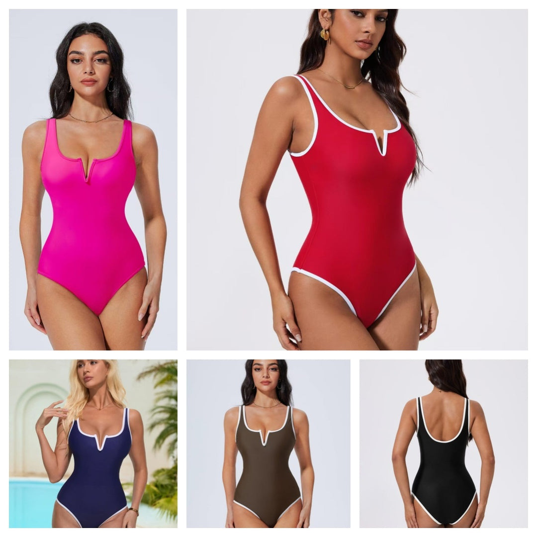 Damen Sportlicher Einteiler Badeanzug mit tiefem V-Ausschnitt und kontrastierenden Details Drune