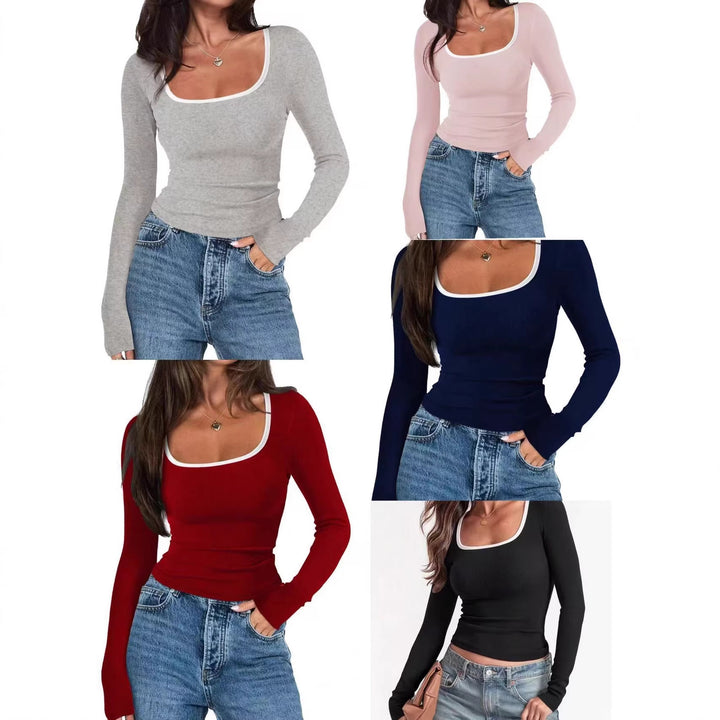 Damen Enganliegendes Rippstrick-Longsleeve mit weitem Quadrat-Ausschnitt Drune