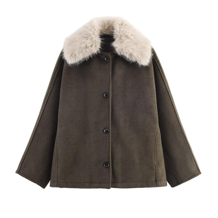 Damen eleganter Oversized-Mantel mit abnehmbarem Kunstfellkragen Drune