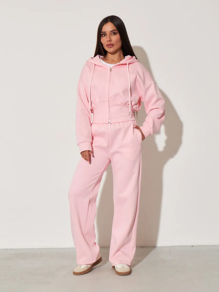 Damen kurzes Kapuzen-Zipshirt mit tailliertem Tunnelzug und weit geschnittene High-Waist-Loungehose Drune