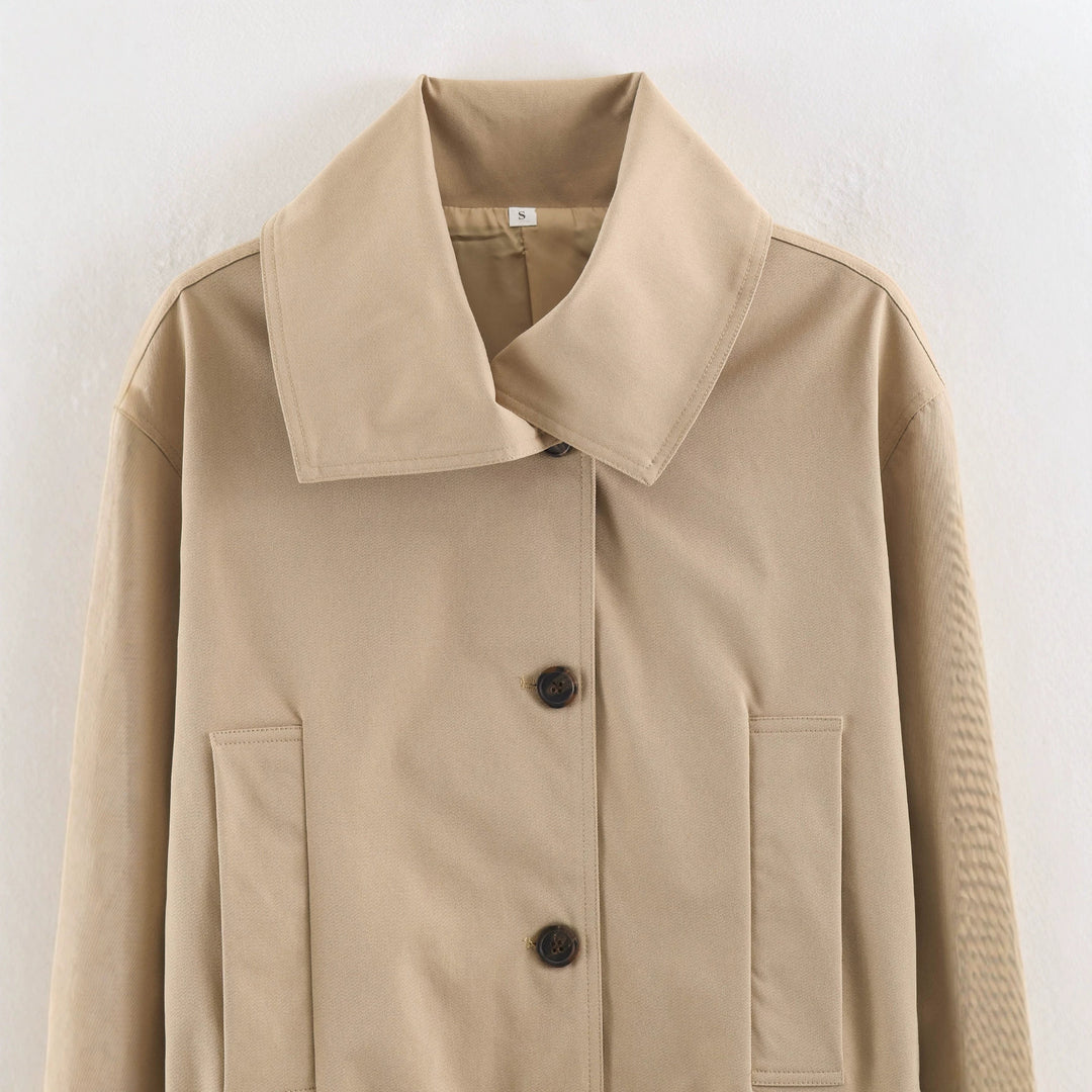 Damen Cropped Taillierte Übergangsjacke mit Bindegürtel und übergroßem Hemdkragen Drune
