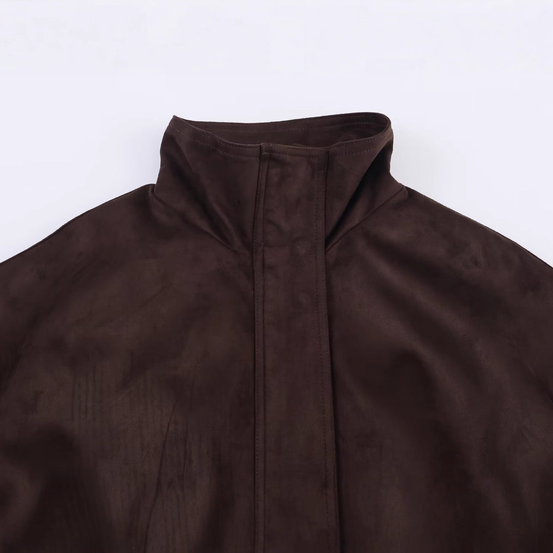 Damen Kurze Oversize-Bomberjacke aus Wildlederoptik mit Stehkragen und elastischem Saum Drune