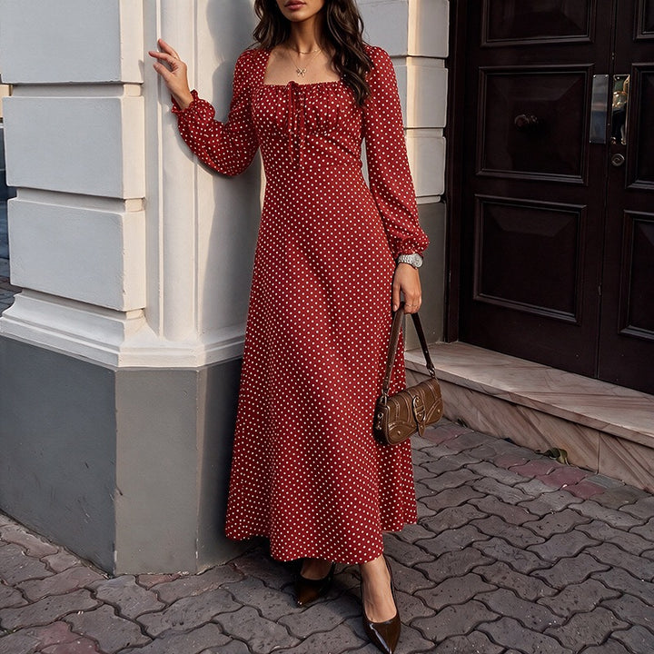 Damen Retro-Maxikleid mit quadratischem Ausschnitt, geraffter Brustpartie und langen Ärmeln Drune