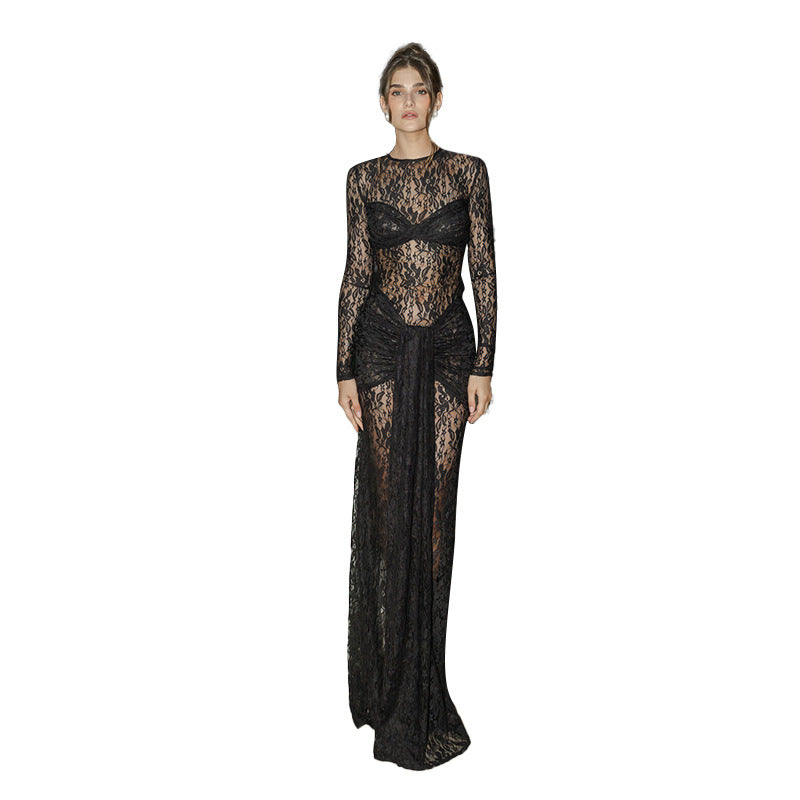 Damen Spitzen-Maxikleid mit figurbetonendem Schnitt und langem Arm Drune