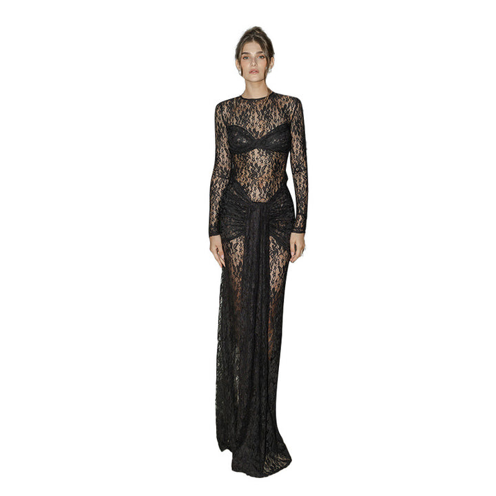 Damen Spitzen-Maxikleid mit figurbetonendem Schnitt und langem Arm Drune