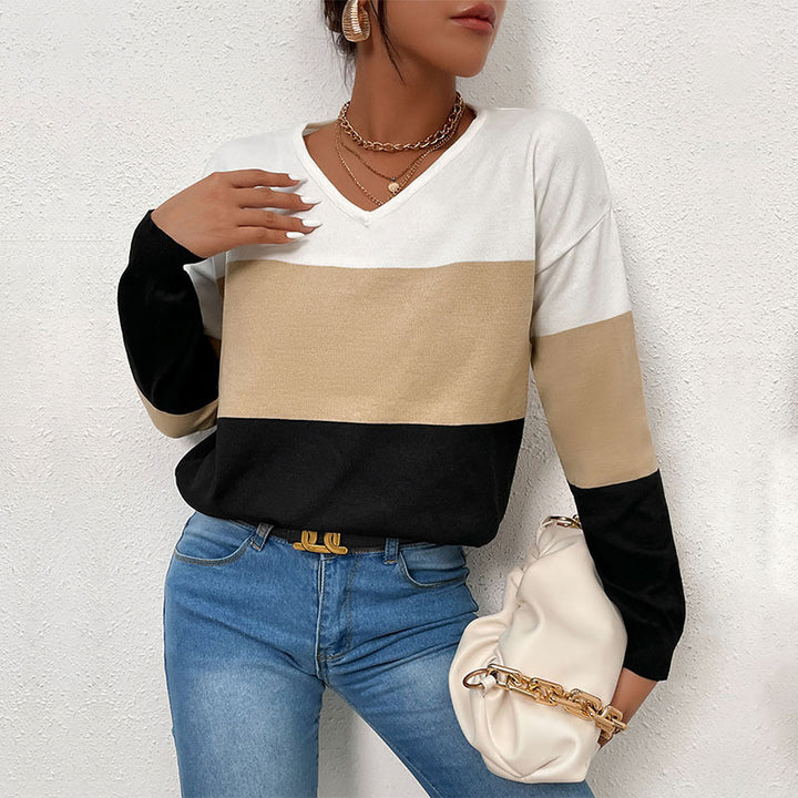 Damen Eleganter V‑Ausschnitt Feinstrickpullover mit breiten Blockstreifen Drune