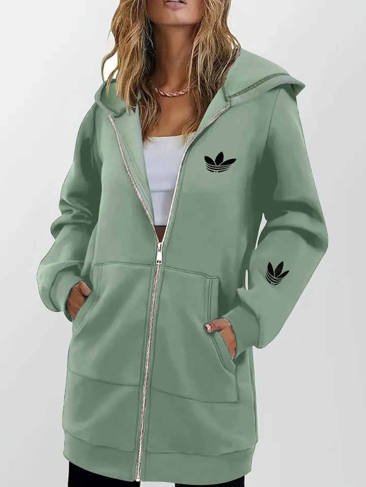 Damen Lange Kapuzen-Sweatjacke mit Metallreißverschluss, Kängurutaschen und figurumspielender Silhouette Drune