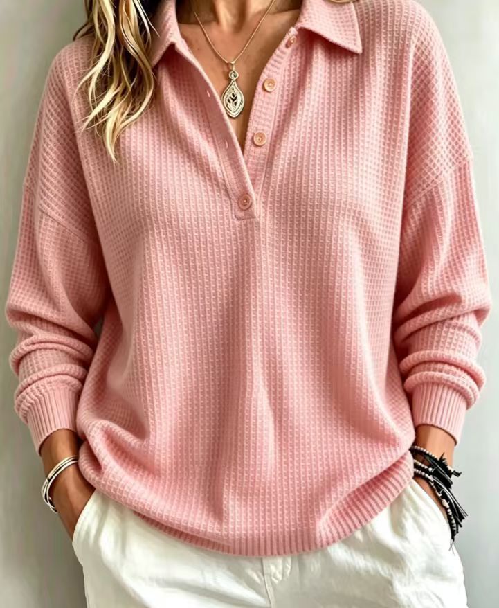 Damen Waffelstrick-Polo mit Oversize-Schnitt, Knopfleiste und Rollkragen-Optik Drune