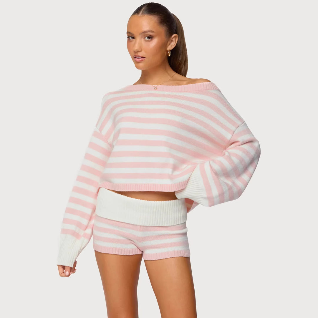 Damen lässiges Cropped Strickset mit zarten Streifen und weitem Schnitt