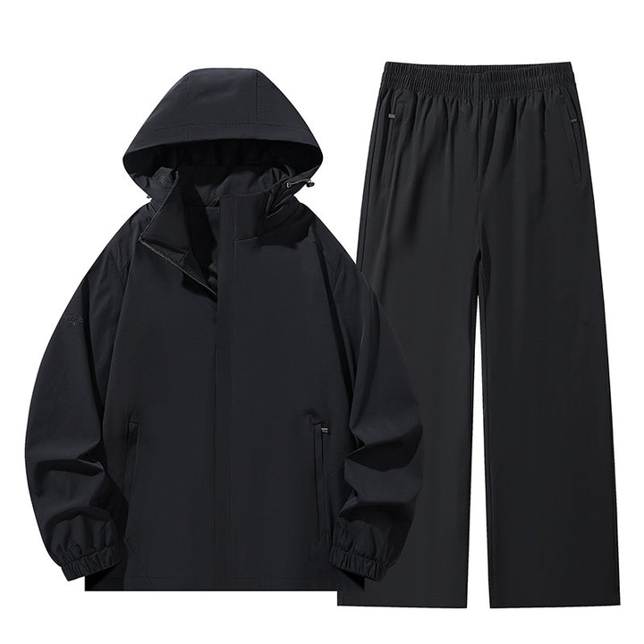 Herren Zweiteiliges wasserabweisendes Outdoor-Set mit Kapuzen-Softshelljacke und Relaxed-Freizeithose Drune