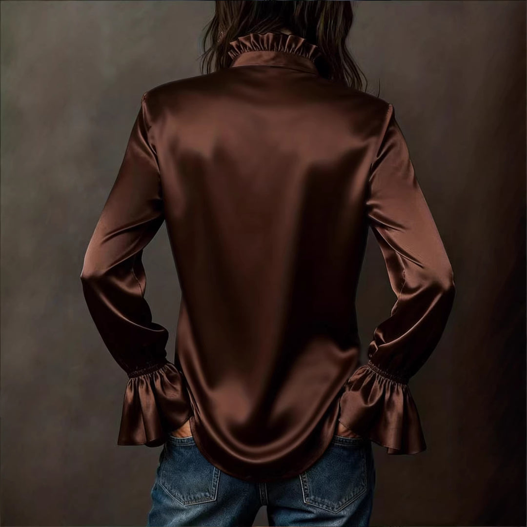 Damen Seidenglänzende Satinbluse mit Stehkragen, Knopfleiste und Volantärmel Drune