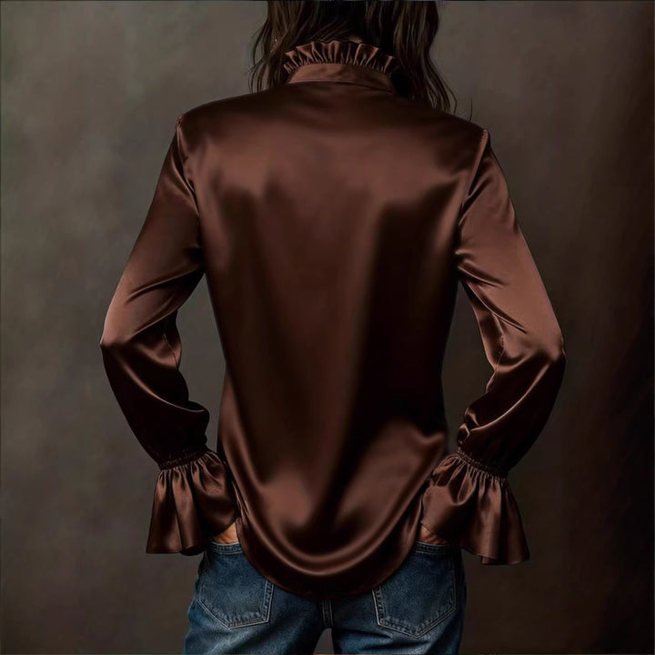Damen Seidenglänzende Satinbluse mit Stehkragen, Knopfleiste und Volantärmel Drune