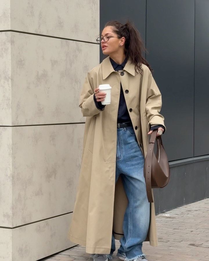 Damen Lange und elegante Trenchcoat-Jacke aus wasserabweisendem Material Drune