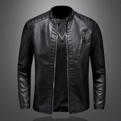 Herren Schmale Lederjacke im Biker-Look mit Stehkragen und senkrechter Brusttasche Drune