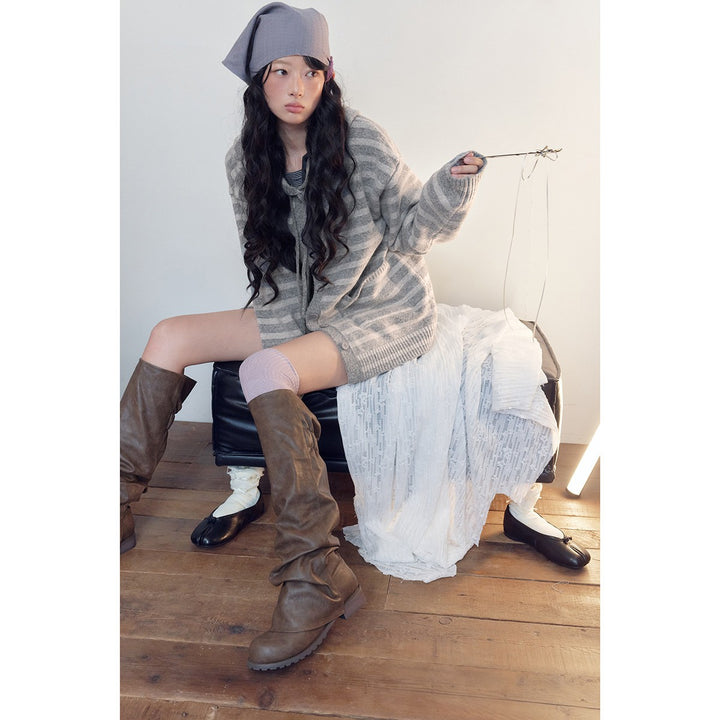 Damen Gestreifte Strickjacke mit Kapuze, durchgehender Knopfleiste und aufgesetzten Taschen Drune