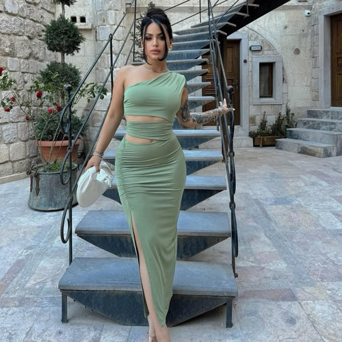 Damen asymmetrisches Maxikleid mit Rüschen und hohem Seitenschlitz Drune