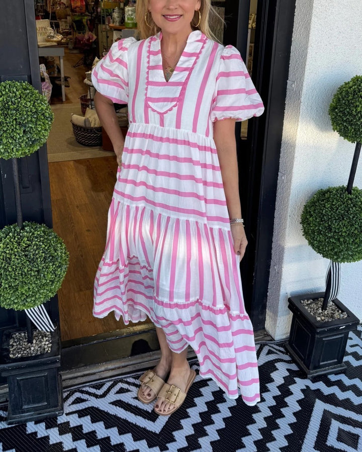 Damen Gestreiftes Maxi-Kleid mit Stufenrock, Rüschenblende und Puffärmeln Drune