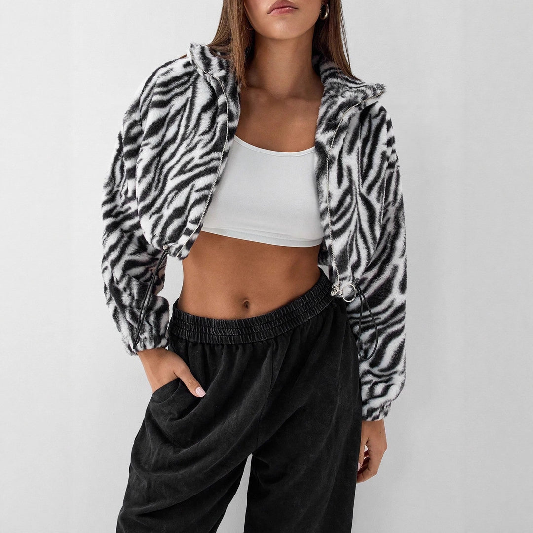 Damen cropped Fleece-Jacke mit modernem Zebra-Design und elastischen Bündchen Drune