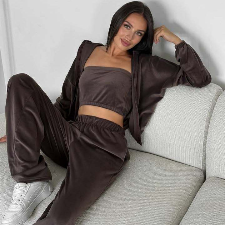 Damen Dreiteiliges Velours-Loungewear-Set mit Cropped-Top, Zip-Hoodie und weitem Palazzo-Hosenbein Drune