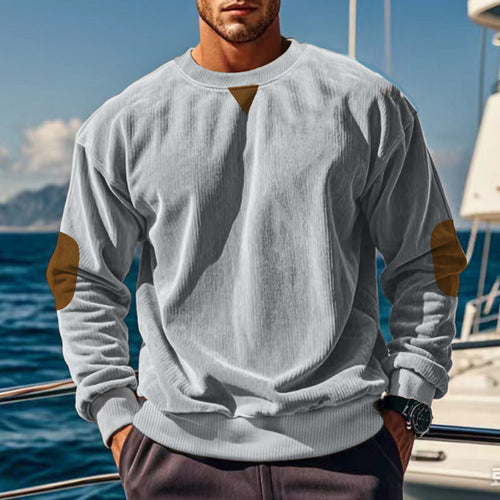 Herren nan gerippter Strickpullover mit Rundhalsausschnitt Ellbogen-Patches und Zierdreieck Drune