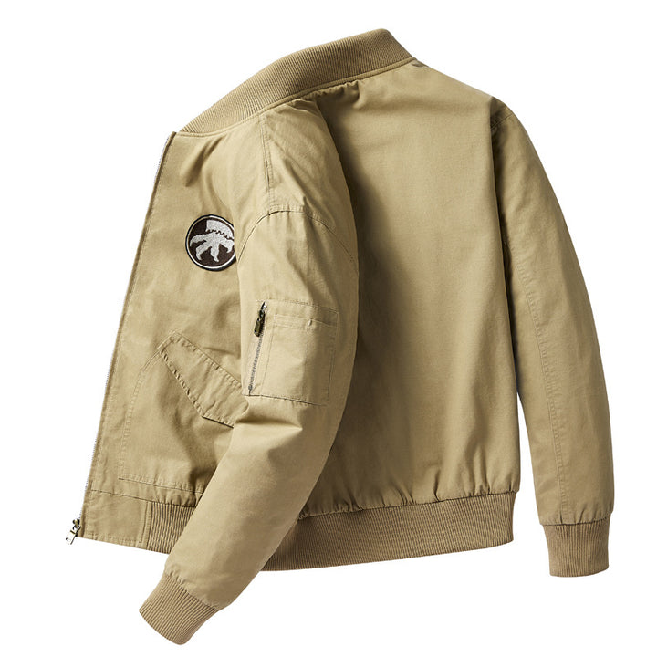 Men's  short-length flight bomber jacket with embroidered shoulder patch sleeve zip pocket and ribbed collar cuffs hem Drune