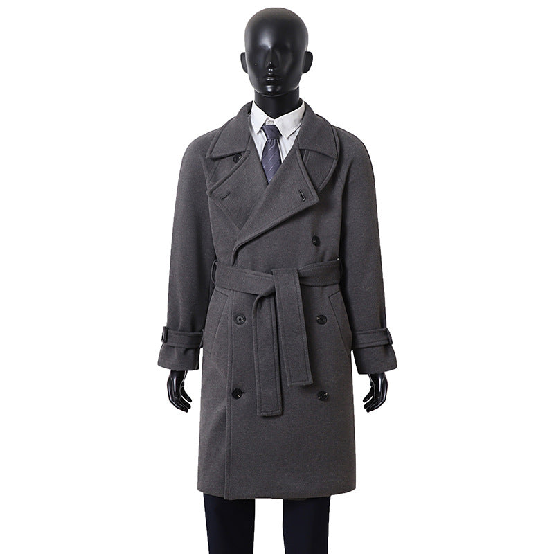 Herren Eleganter Mantel im Longcoat‑Stil aus Wollmix mit Doppelreihe, taillierendem Bindegürtel und dekorativer Schulterpasse Drune