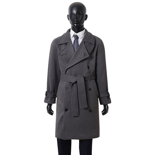 Herren Eleganter Mantel im Longcoat‑Stil aus Wollmix mit Doppelreihe, taillierendem Bindegürtel und dekorativer Schulterpasse Drune